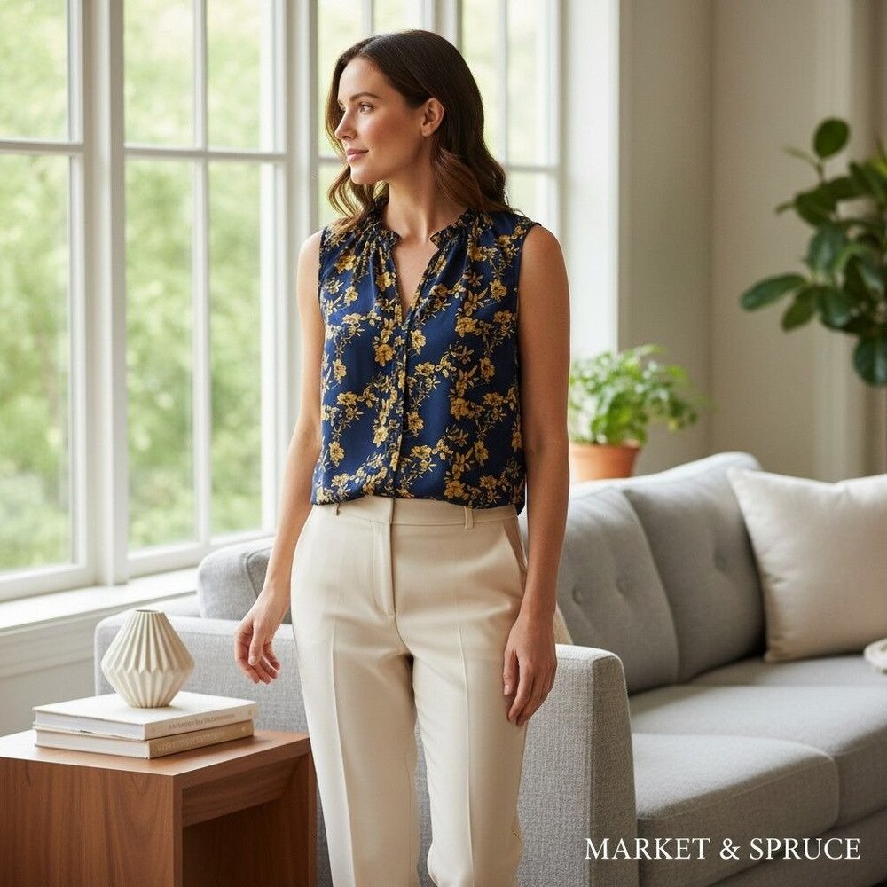 Market & Spruce Floral Sleeveless Ruffle Blouse Navy & Yellow Womens Large - Picture 14 of 14